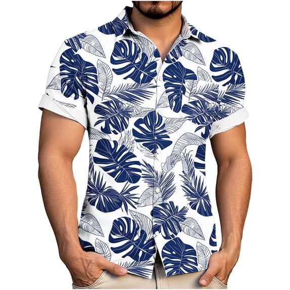 Erwazi Men's Hawaii Printed Cotton Linen Shirt Short Sleeve Collared Button Down Casual Shirt with Chest Pocket
