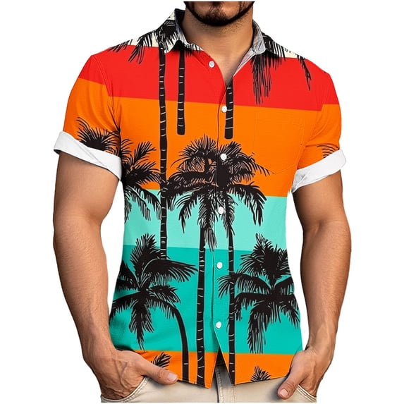 Erwazi Men's Hawaii Printed Cotton Linen Shirt Short Sleeve Collared Button Down Casual Shirt with Chest Pocket
