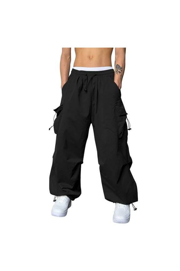 Men's Parachute Cargo Pants Loose Fit Pants Drawstring Casual Pants Multi Pockets Wide Leg Trousers