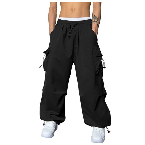 Erwazi Men's Parachute Cargo Pants Loose Fit Pants Drawstring Casual Pants Multi Pockets Wide Leg Trousers