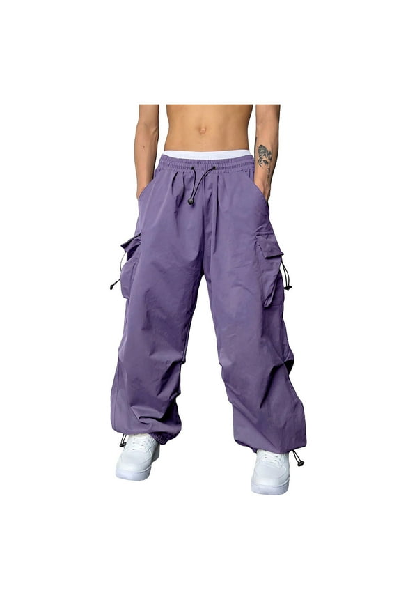 Men's Parachute Cargo Pants Loose Fit Pants Drawstring Casual Pants Multi Pockets Wide Leg Trousers