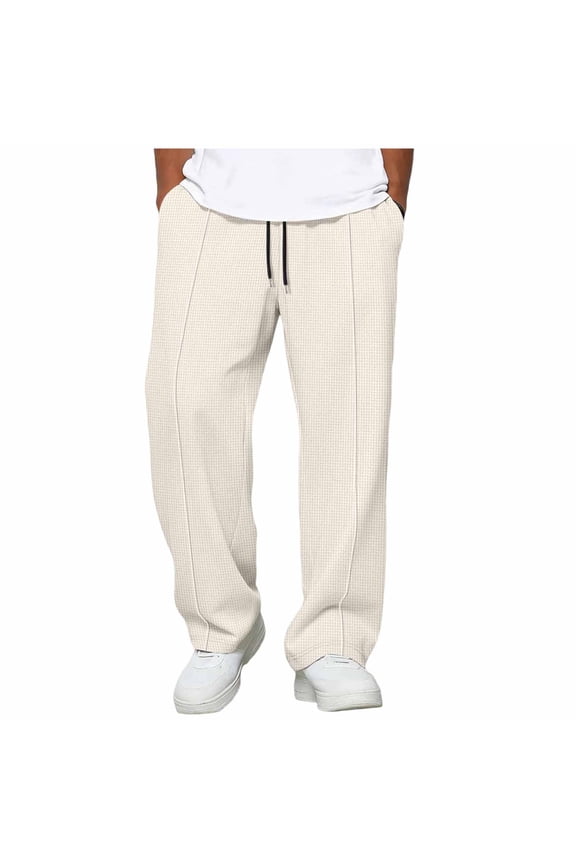 Men's Solid Waffle Knit Pants Drawstring Waist Loose Straight Leg Casual Athletic Trousers with Pockets