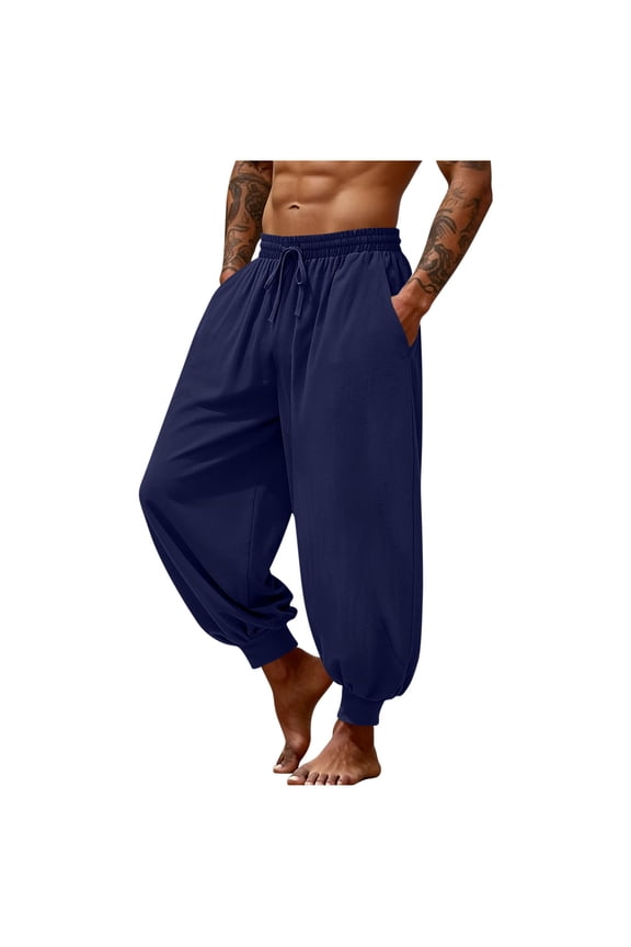 Mens Baggy Hippie Pants Elastic Waist Drawstring Trousers Cotton Linen Casual Boho Yoga Beach Pants