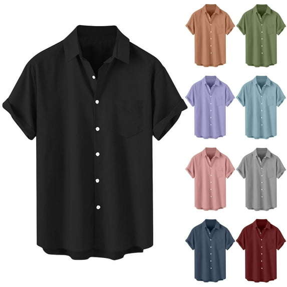 Erwazi Mens Button Down Shirts Casual Short Sleeve Tees Solid Color Vocation Beach Shirt, 3XL