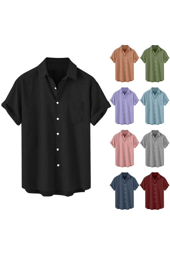 Mens Button Down Shirts Casual Short Sleeve Tees Solid Color Vocation Beach Shirt, 3XL