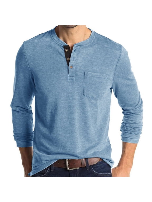 Mens Casual Long Sleeve Henley Shirts Fashion Button T Shirts with Pocket