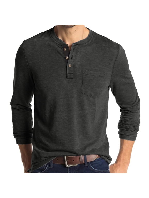 Mens Casual Long Sleeve Henley Shirts Fashion Button T Shirts with Pocket