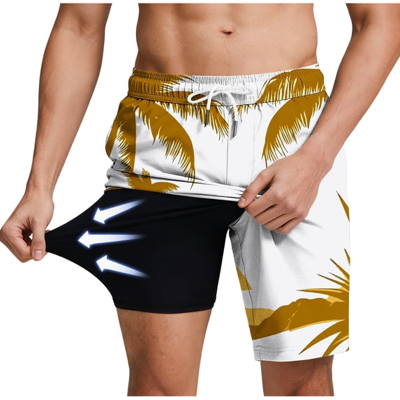 Erwazi Mens Swim Trunks Printed Drawstring Waist Layer Lining Breathable Quick Dry Practical Summer Swimwear Shorts with Pocket