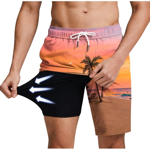 Erwazi Mens Swim Trunks Printed Drawstring Waist Layer Lining Breathable Quick Dry Practical Summer Swimwear Shorts with Pocket