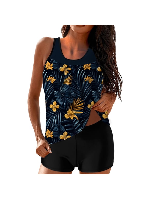 Modest Tankini Swimsuits for Women Tummy Control Bathing Suit 2 Piece Swim Tank Top and Shorts Swimwear Set