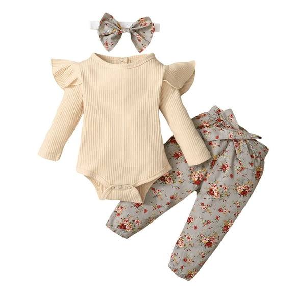 Erwazi Newborn Baby Girls Clothes Set Ribbed Ruffled Romper+Floral Pants+Headband Infant Outfit Set
