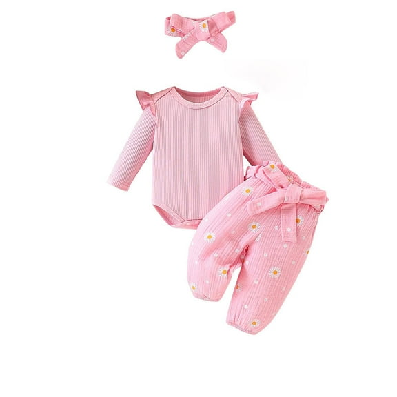 Erwazi Newborn Infant Girl Outfit Sets Rib Knit Romper Daisy Print Pants Headband Baby Clothes for Girls 0 3 6 12 18 24 Months