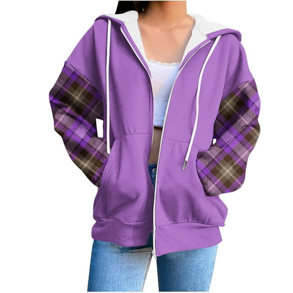 Erwazi Oversized Hoodies for Women Zip Up Patchwork Hooded Sweatshirt Casual Trendy Fall Jacket with Pockets