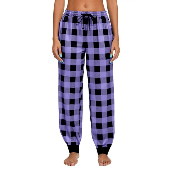 Erwazi Plaid Pants for Women Casual Elastic Waisted Drawstring Pants Sleep Lounge Joggers, Purple, M