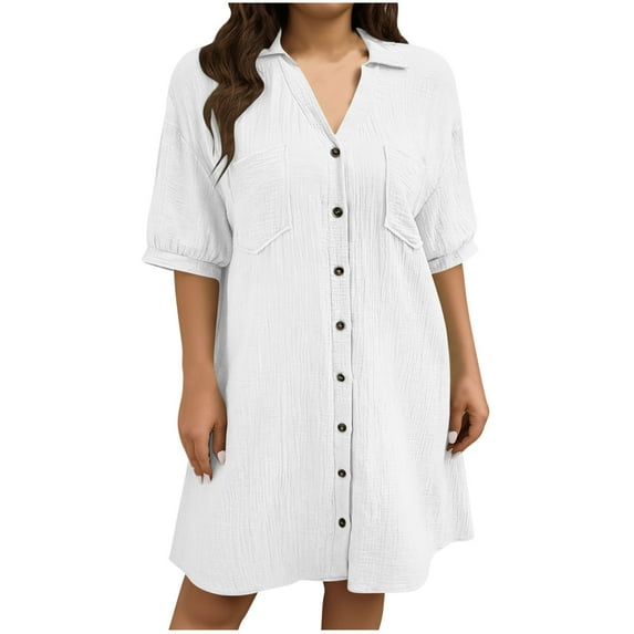 Erwazi Plus Size Shirt Dress for Women Solid Short Sleeve Button Down Knee Length Dress with Chest Pockets