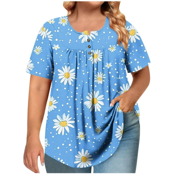 Erwazi Plus Size Tops for Women Floral Dressy Blouses Pleated Button Tunic Top Oversized Summer Shirts Casual Loose Tees