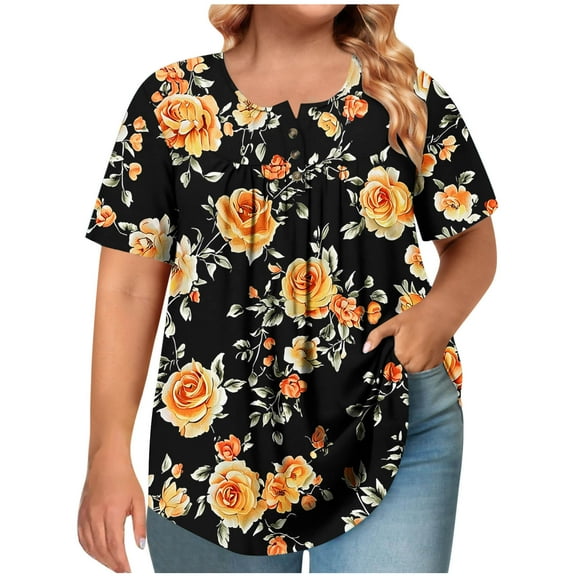 Erwazi Plus Size Tops for Women Floral Dressy Blouses Pleated Button Tunic Top Oversized Summer Shirts Casual Loose Tees