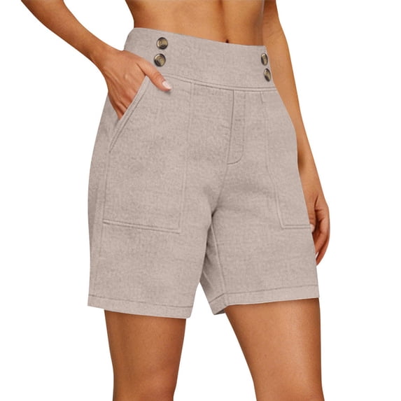 Erwazi Shorts for Women Solid Button Cotton Linen High Waist Knee Length Casual Shorts with Pocket