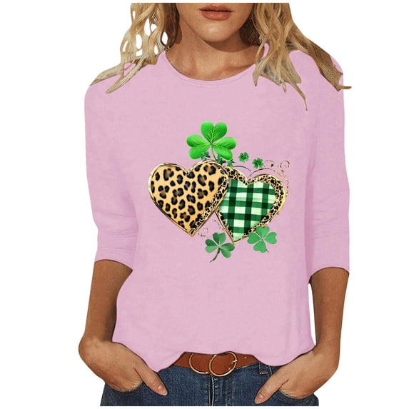 Erwazi St Patricks Day Shirt Women 3/4 Sleeve Crew Neck T-Shirts Shamrock Funny Graphic Tee Tops