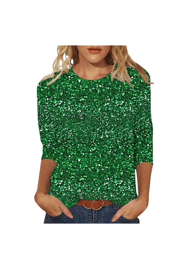 St Patricks Day Women 3/4 Sleeve T-Shirts Crewneck Shamrock Funny Clover Tee Tops
