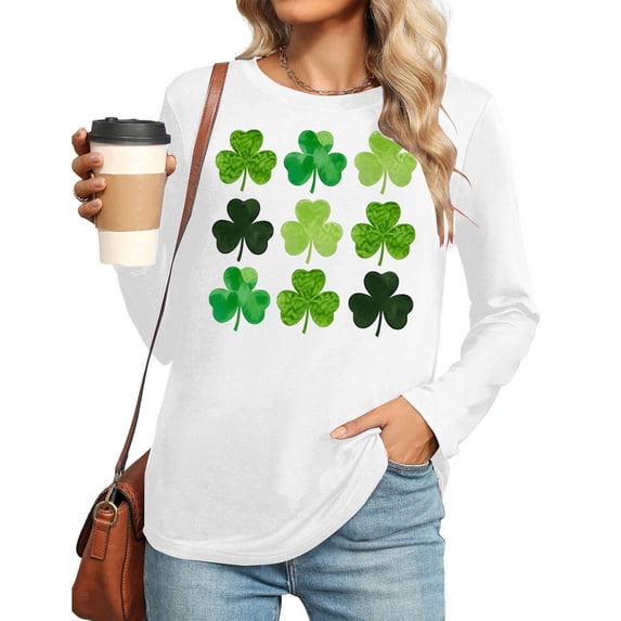 Erwazi St Patricks Day Women Long Sleeve T-Shirts Crewneck Clover Print Cute Tee Tops