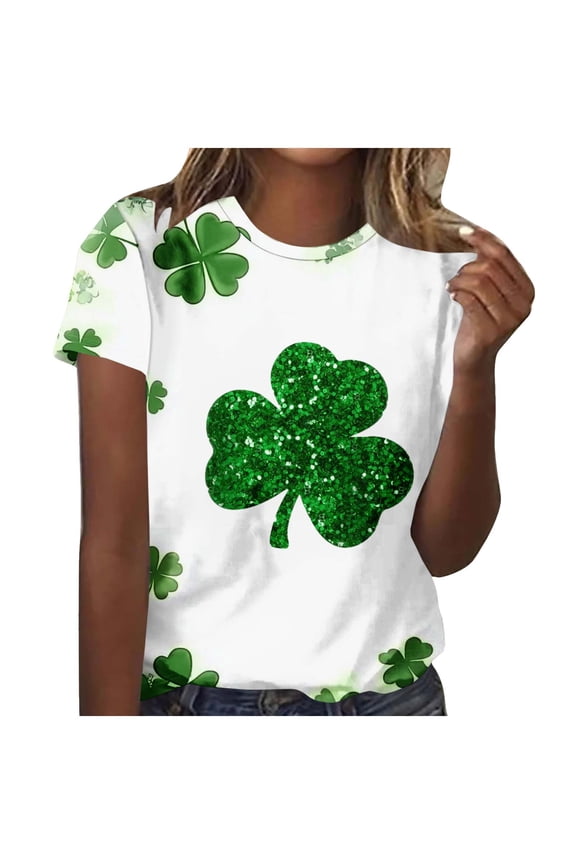 St Patricks Day Womens Short Sleeve T-Shirts Crewneck Clover Cute Graphic Tee Tops