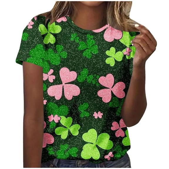 Erwazi St Patricks Day Womens Short Sleeve T-Shirts Crewneck Clover Cute Graphic Tee Tops