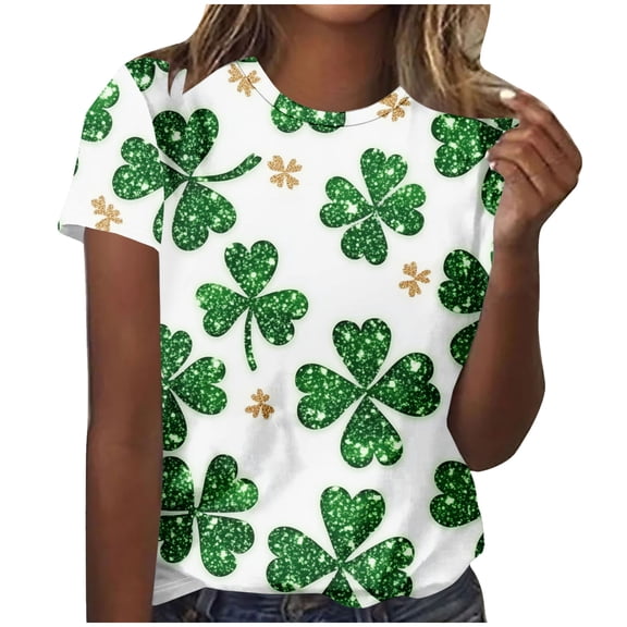 Erwazi St Patricks Day Womens Short Sleeve T-Shirts Crewneck Clover Cute Graphic Tee Tops