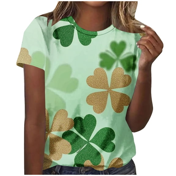 Erwazi St Patricks Day Womens Short Sleeve T-Shirts Crewneck Clover Cute Graphic Tee Tops
