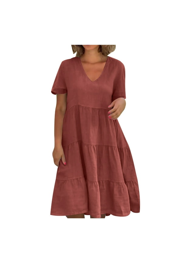 Summer Casual Dresses for Women Short Sleeve V Neck Flowy Tiered Midi Beach Dress Plain Loose Vacation Dresses