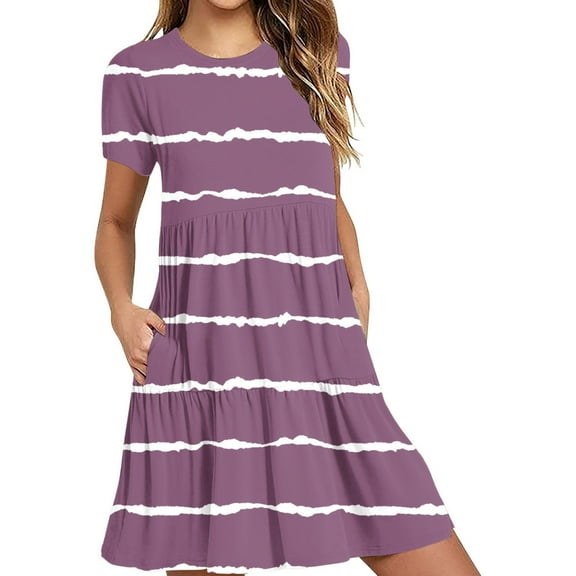 Erwazi Summer Casual Dresses for Women Swing Short Sleeve T Shirt Dresses Tiered Flowy Beach Mini Dress with Pockets