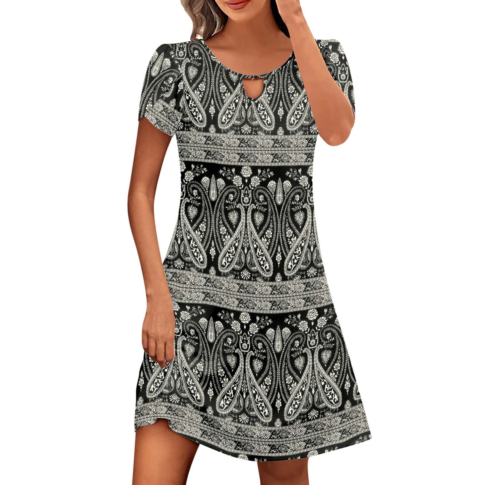 Erwazi Summer Casual Dresses for Women Vintage Short Sleeve Crew Neck ...