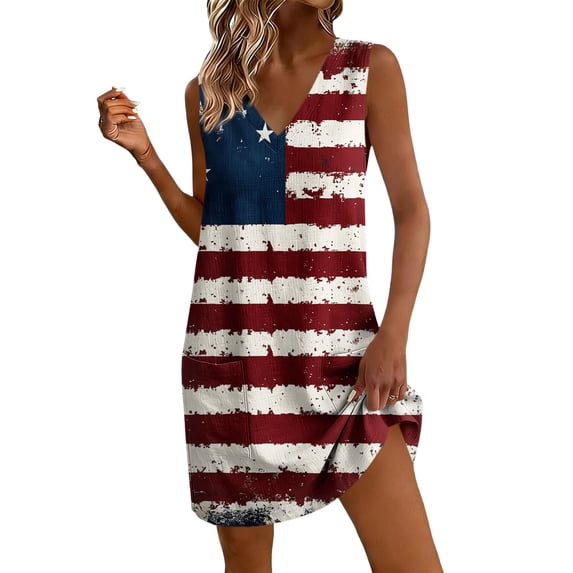 Erwazi Summer Dresses for Women 4th Of July Printed Crew Neck Sleeveless Ankle Length Dress Celebrations Outdoor Parties Activities Casual Dresses