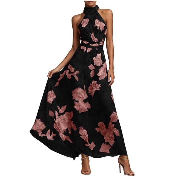 Erwazi Summer Dresses for Women Halter Sleeveless Floral Print Waist Slim Flowy Maxi Beach Vacation Dress