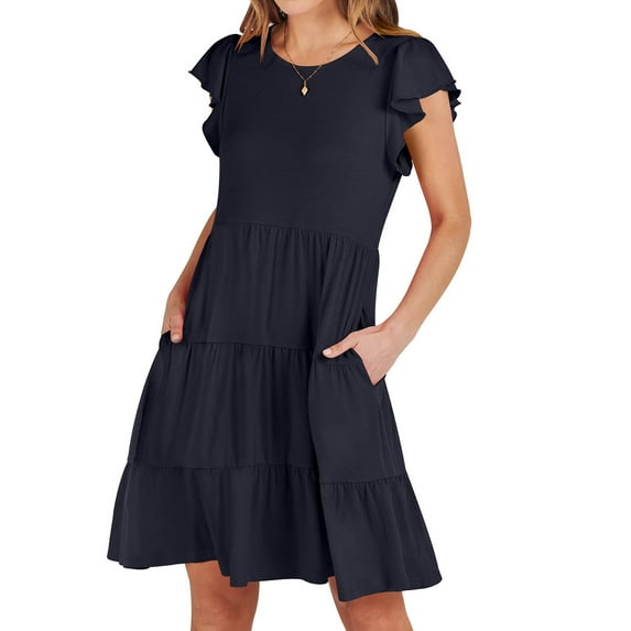 Erwazi Summer Dresses for Women Plain Ruffle Short Sleeve Tshirt Dress Casual Flowy Tiered Midi Tunic Dresses with Pockets
