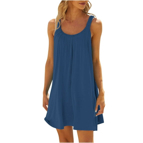 Erwazi Summer Dresses for Women Sleeveless Tank Dress Plain Pleated T Shirt Dress Casual Loose Mini Dress Sundress Beach Bikini Swimsuit Cover Up