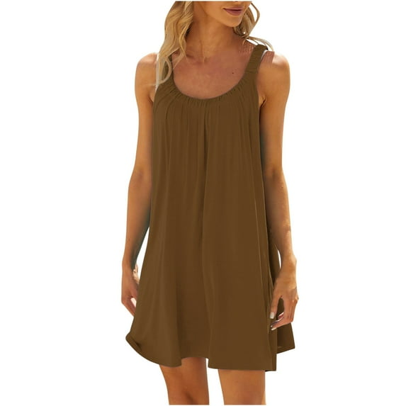Erwazi Summer Dresses for Women Sleeveless Tank Dress Plain Pleated T Shirt Dress Casual Loose Mini Dress Sundress Beach Bikini Swimsuit Cover Up