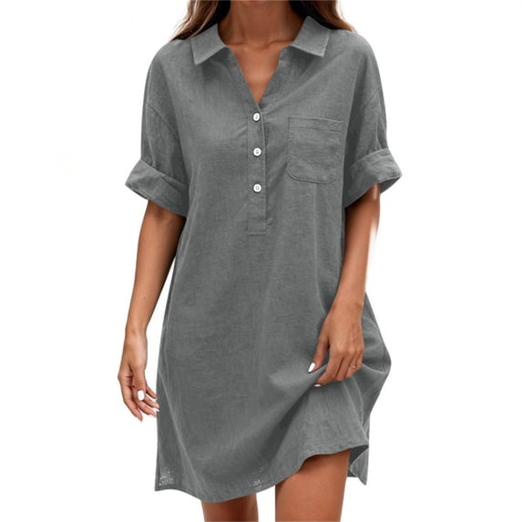 Erwazi Summer Dresses for Women Solid Collared Short Sleeve Button V Neck Dress Trendy Casual Daily Outdoor Knee Length Dresses with Pocket