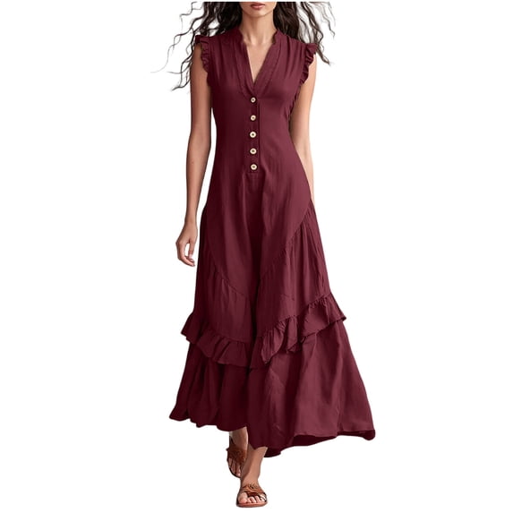 Erwazi Summer Dresses for Women Solid V Neck Sleeveless Ankle Length Dress Button Ruffle Trim Trendy Casual Daily Outdoor Classic Dresses