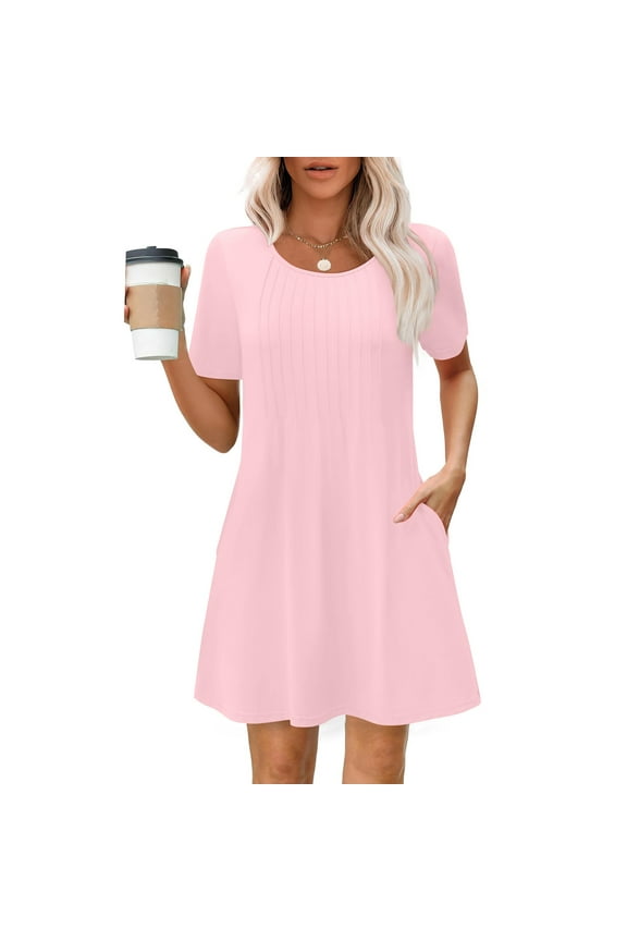 Summer Flowy Dresses for Women Short Sleeve Crewneck Swing Mini Dress Casual Tiered Tshirt Dress with Pockets