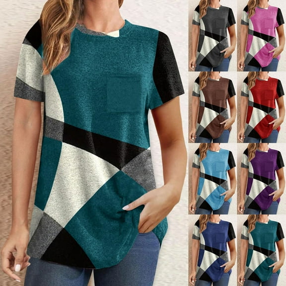 Erwazi Summer Short Sleeve T Shirts for Women Casual Tunic Tops Color Block Shirt Loose Crew Neck Tops
