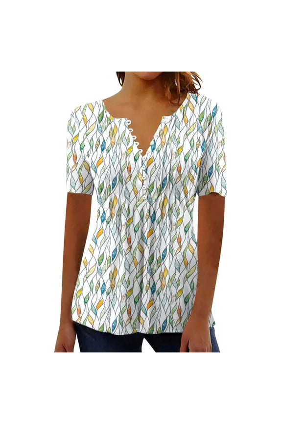 Summer Tops for Women Hide Belly Shirts Pleated Button V Neck T-Shirt Causal Empire Waist A-Line Floral Tunic Tops