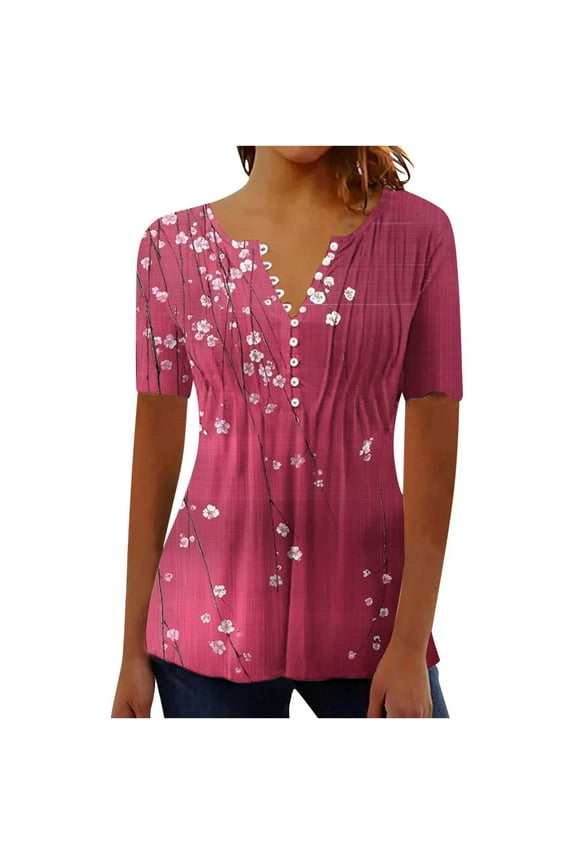 Summer Tops for Women Hide Belly Shirts Pleated Button V Neck T-Shirt Causal Empire Waist A-Line Floral Tunic Tops