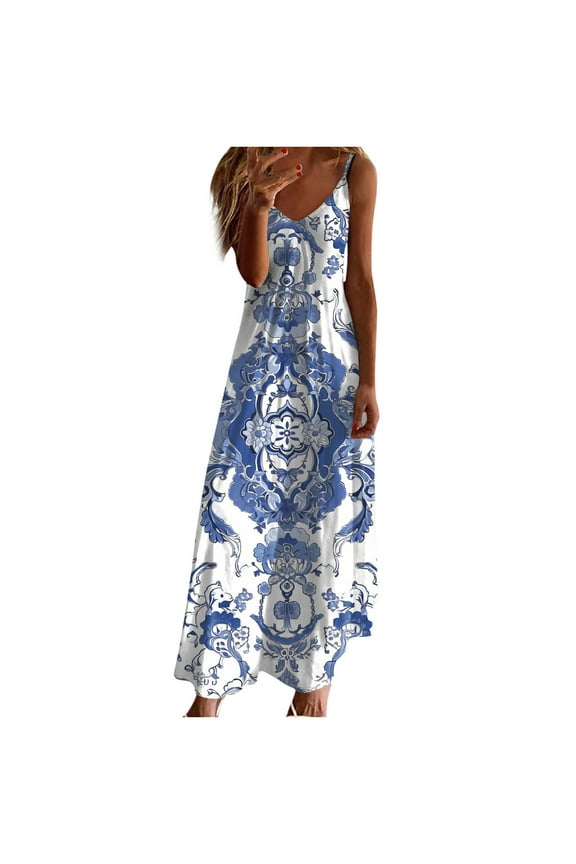 Sundresses for Women Summer Beach Maxi Dress Sleeveless Spaghetti Strap Casual Loose Dresses Boho Vintage Flowy Long Dress