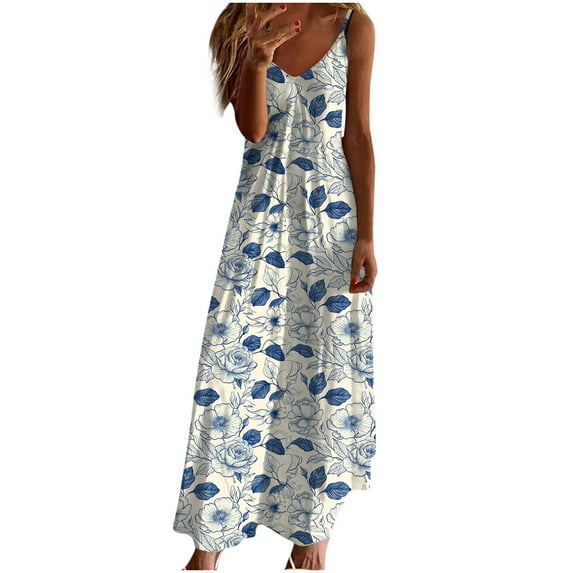 Erwazi Sundresses for Women Summer Beach Maxi Dress Sleeveless Spaghetti Strap Casual Loose Dresses Boho Vintage Flowy Long Dress