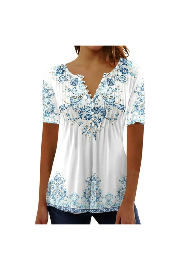 T-shirts for Women Summer Vintage Tops Short Sleeve Button V Neck Dressy Blouse Casual Tunics Loose Fit Graphic Tees