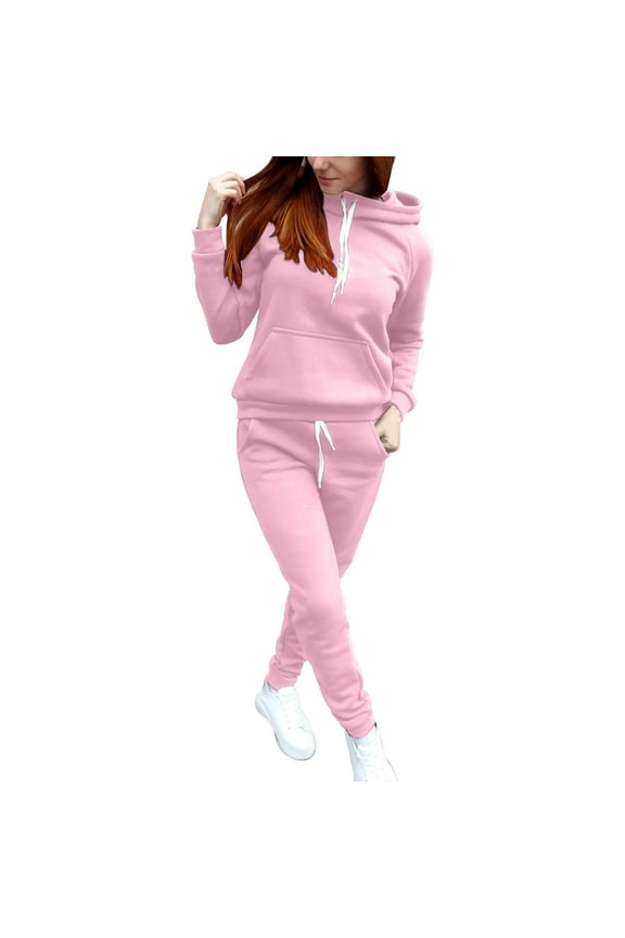 Two Piece Hoodie Sweatsuits for Women Casual 2 Piece Solid Color Sweatshirts Long Tracksuits Athletic Outfits Sets, Pink, 2XL