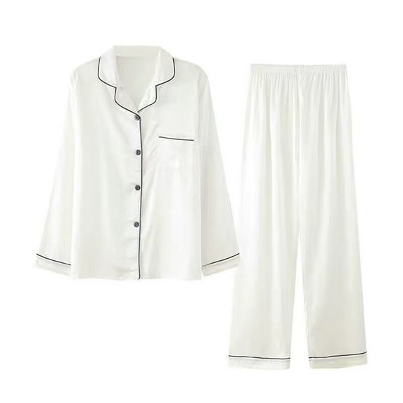 Erwazi Two Piece Pajamas Sets for Women Casual Long Sleeve Lounge Top Wide Leg Pant Sleepwear Outfit Set, White, 4XL