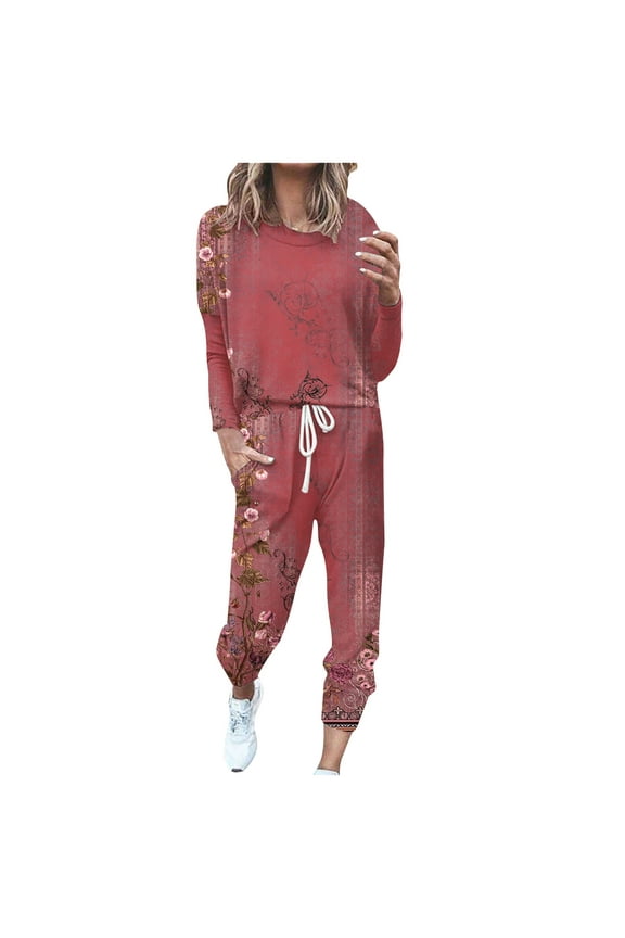 Two Piece Set for Women Casual Long Sleeve Top Drawstring Joggers Athletic Sweatsuits Floral Print Outfits Sets, Red, 3XL