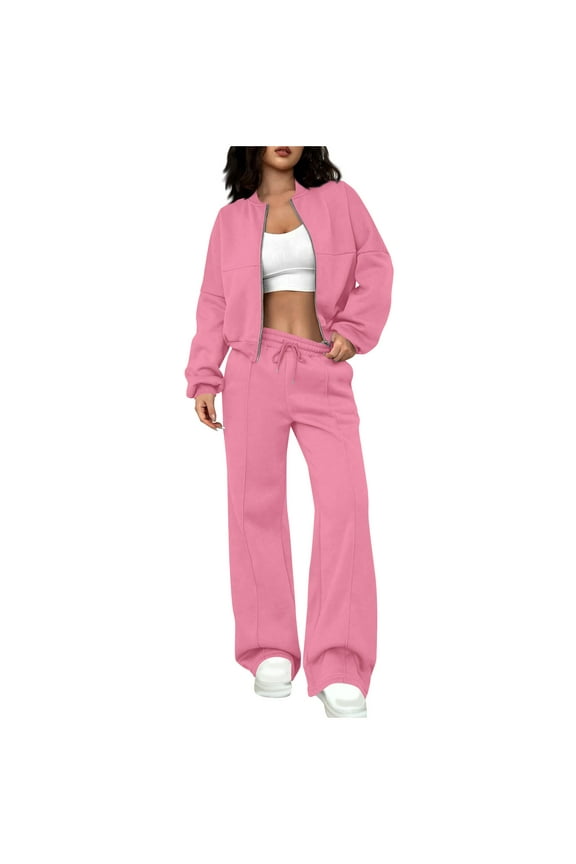 Two Piece Sets for Women Casual Long Sleeve Zip Up Sweatshirt and Open Bottom Sweatpants Workout Athletic Sweatsuits Outfit Set, Pink, M
